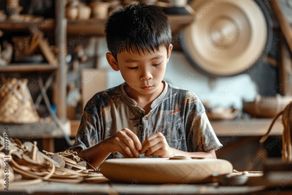 Close up portrait of asian boy making crafts in a workshop, concept of children's leisure and hobby	
