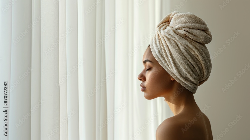 Calm serene young woman in spa bathrobe and towel relaxing after taking shower bath with her eyes closed at home. Beauty treatment concept Calm serene young woman in spa bathrobe and towel relaxing after taking shower bath with her eyes closed at home. Beauty treatment concept
