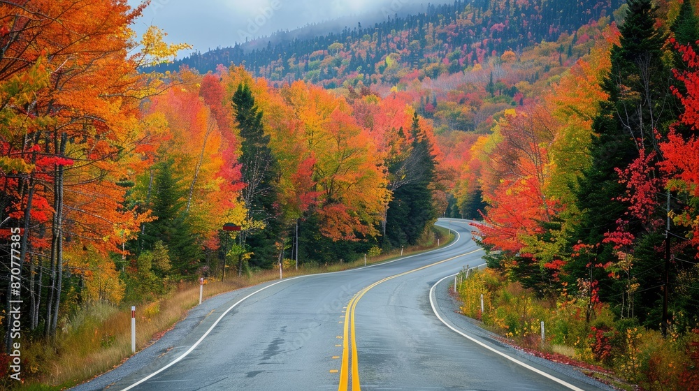 A highway lined with trees in full autumn colors, creating a picturesque fall landscape