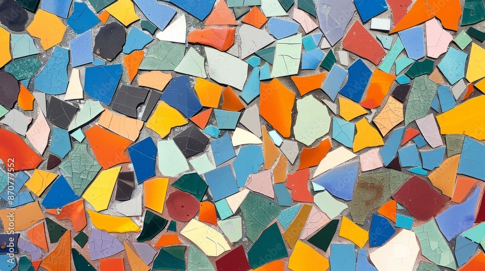 A collection of vibrant and intricate geometric shapes, arranged neatly in a mosaic. Each piece features unique patterns and color schemes, creating a visually stunning array of designs.