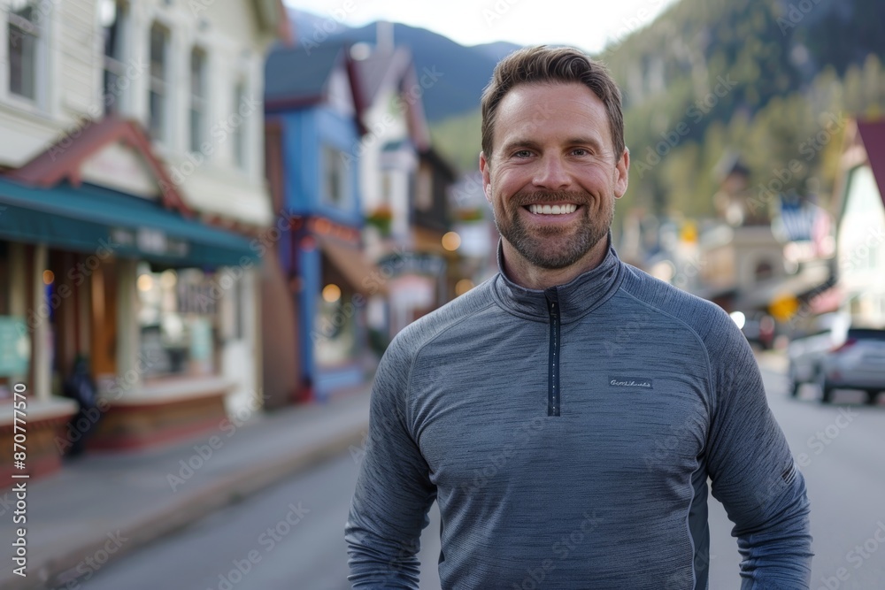 Portrait of a grinning man in his 30s showing off a lightweight base layer over charming small town main street Portrait of a grinning man in his 30s showing off a lightweight base layer over charming small town main street