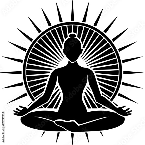A woman is seated in a lotus position in front of a radiant sun