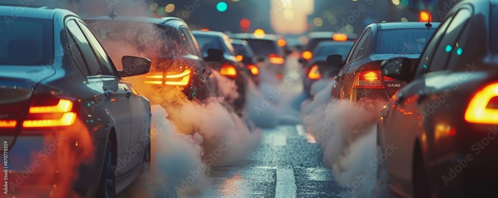 Car exhaust emitting toxic fumes in traffic, air pollution, environmental impact Car exhaust emitting toxic fumes in traffic, air pollution, environmental impact