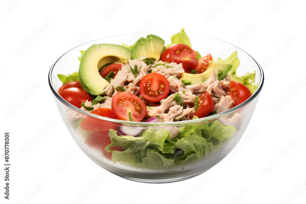 Tuna Avocado Salad Isolated pieces on a white background Shows various types of salad vegetables. Crushed canned tuna Sliced avocado, tomatoes and a clear mayonnaise dressing
