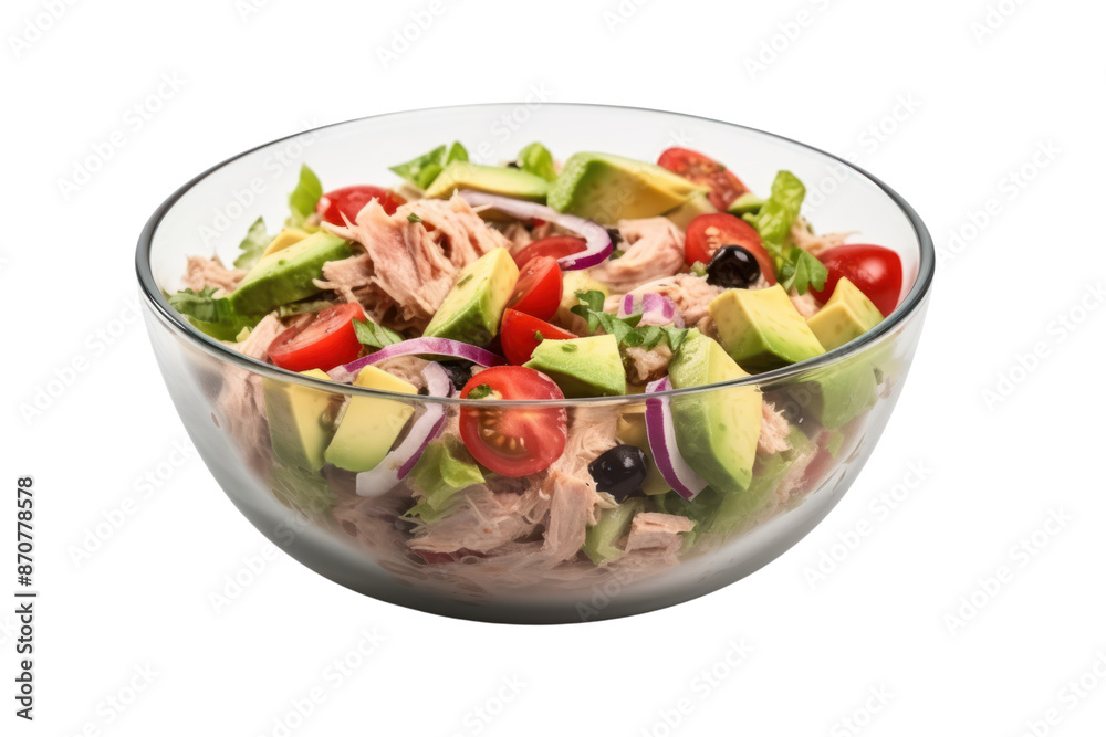 Tuna Avocado Salad Isolated pieces on a white background Shows various types of salad vegetables. Crushed canned tuna Sliced avocado, tomatoes and a clear mayonnaise dressing Tuna Avocado Salad Isolated pieces on a white background Shows various types of salad vegetables. Crushed canned tuna Sliced avocado, tomatoes and a clear mayonnaise dressing