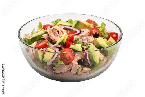 Tuna Avocado Salad Isolated pieces on a white background Shows various types of salad vegetables. Crushed canned tuna Sliced avocado, tomatoes and a clear mayonnaise dressing