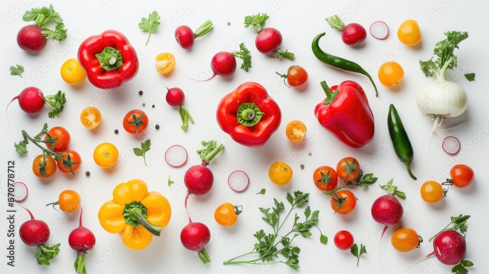 An array of fresh, colorful vegetables like bell peppers, radishes, and cherry tomatoes on a white background An array of fresh, colorful vegetables like bell peppers, radishes, and cherry tomatoes on a white background