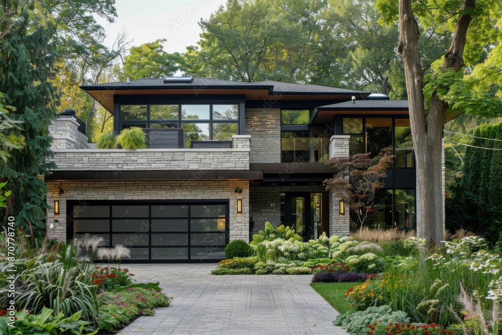 Modern home facade with onyx garage portal, stonework front, expansive glazing, and verdant foliage Modern home facade with onyx garage portal, stonework front, expansive glazing, and verdant foliage