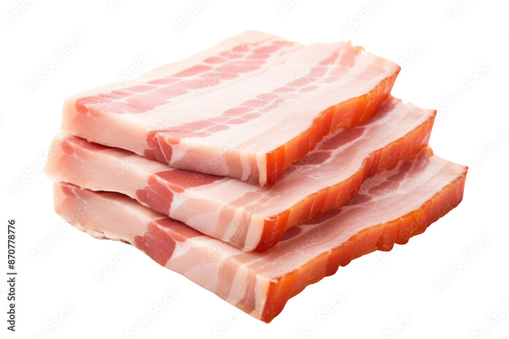 Thinly sliced ham isolated on white background Shows clearly the texture, color and fat texture of the ham. Isolated on white background.