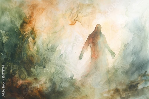 The Ascention of a Figure in a Watercolor Landscape - A painting of a figure rising through the clouds painted in watercolors. - A painting of a figure rising through the clouds painted in watercolors photo