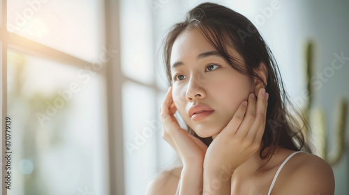 Dermatology, expression face worry, stressed asian young woman hand touching face at dark spot of melasma, freckle from pigment melanin, allergy sun. Beauty care, skin problem treatment Free Download Dermatology, expression face worry, stressed asian young woman hand touching face at dark spot of melasma, freckle from pigment melanin, allergy sun. Beauty care, skin problem treatment - GFXLoad