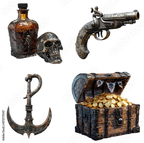 Pirate treasure, including a bottle of rum with a skull and crossbones, a flintlock pistol, a treasure chest overflowing with gold coins, and an anchor. All on a transparent background.
