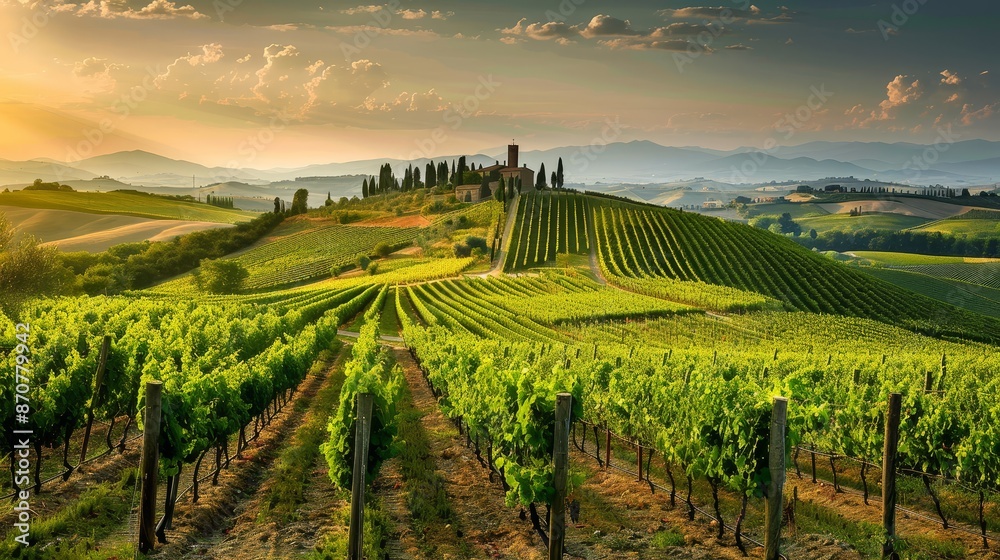 Fototapeta premium Vineyards in Tuscany Under Golden Hour - A panoramic view of rolling vineyards in Tuscany, Italy, illuminated by the golden light of the setting sun. - A panoramic view of rolling vineyards in Tuscany