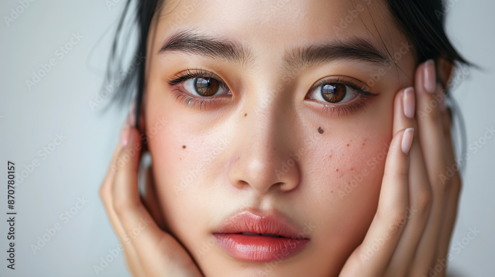Dermatology, expression face worry, stressed asian young woman hand touching face at dark spot of melasma, freckle from pigment melanin, allergy sun. Beauty care, skin problem treatment Dermatology, expression face worry, stressed asian young woman hand touching face at dark spot of melasma, freckle from pigment melanin, allergy sun. Beauty care, skin problem treatment