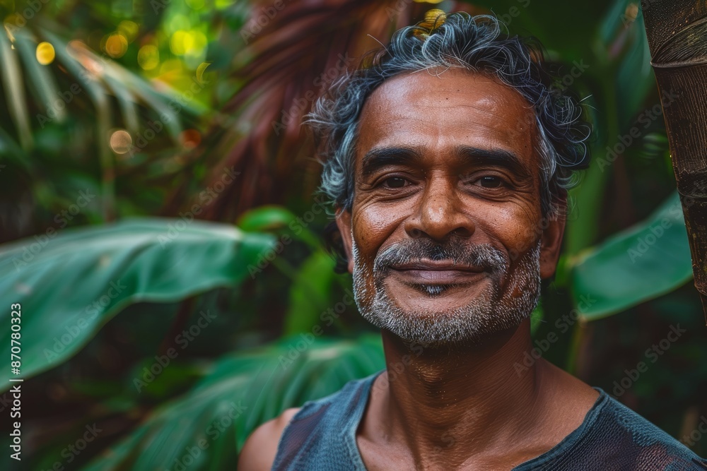 Portrait of a grinning indian man in his 40s sporting a breathable mesh jersey in lush tropical rainforest Portrait of a grinning indian man in his 40s sporting a breathable mesh jersey in lush tropical rainforest