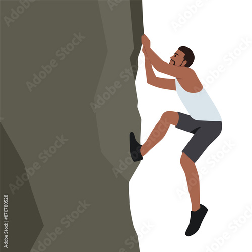 Young bearded man climbing on a limestone wall. Flat vector illustration isolated on white background