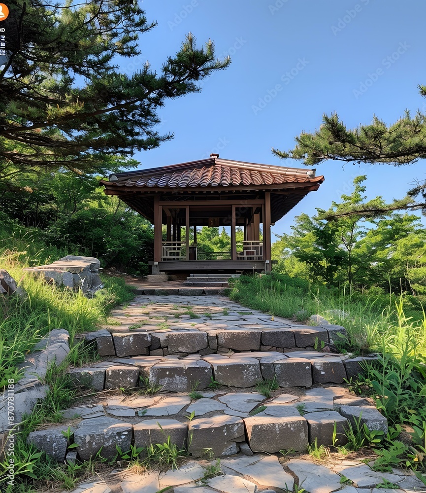 A stone path leads to a traditional Korean pavilion surrounded by lush greenery. A stone path leads to a traditional Korean pavilion surrounded by lush greenery.