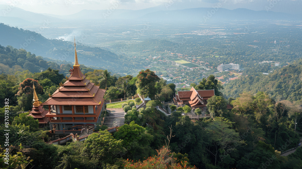 The iconic Wat Phra That Doi Suthep, perched on a mountain with a stunning view of Chiang Mai below The iconic Wat Phra That Doi Suthep, perched on a mountain with a stunning view of Chiang Mai below