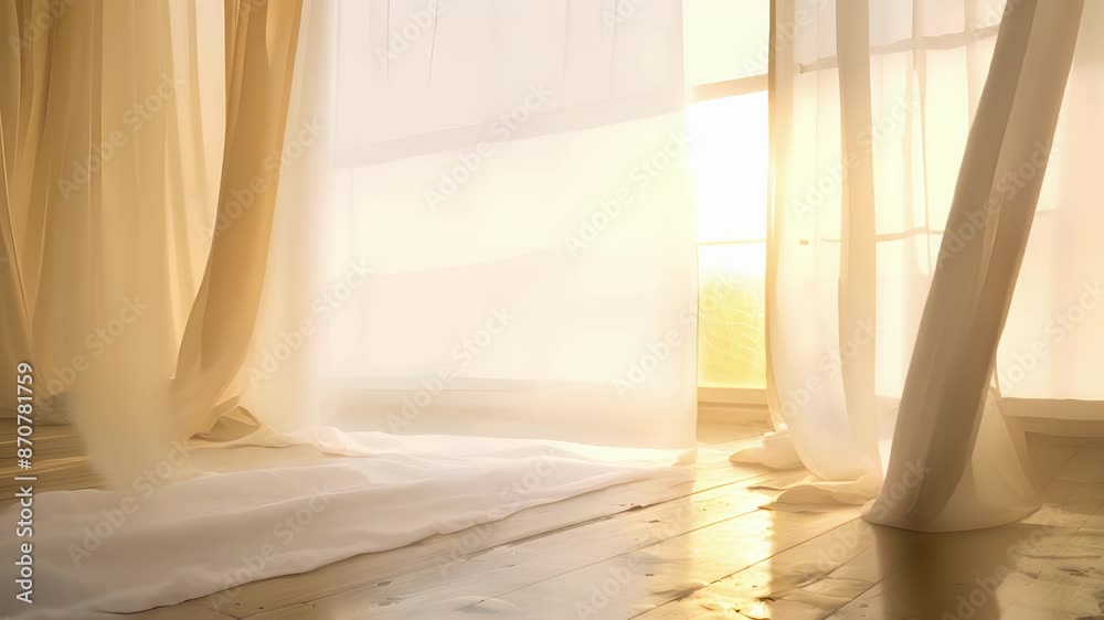 Long curtains dance in the wind creating a surreal and airy feeling. Long curtains dance in the wind creating a surreal and airy feeling.