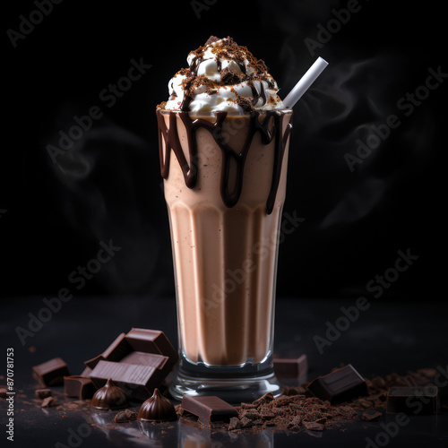 coffee with chocolate flappuchino slutchy  whipcream and cinnamon menu black background photo