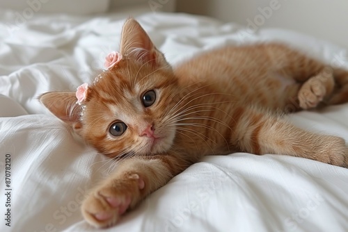 Orange Tabby Kitten Wearing a Flower Crown on White Bedding