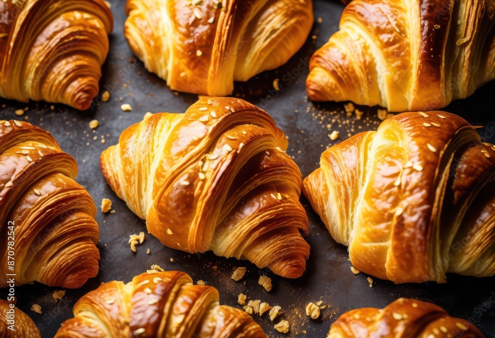 Fototapeta premium golden croissants arranged baking freshly baked pastries ready eat, sheet, delicious, tasty, breakfast, food, french, bakery, homemade, flaky, buttery, crispy