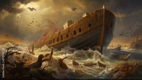 Bible's Book of Genesis, Noah and ark describes great flood, foundational narrative in Christian religion, Noah builds massive boat to save family and animals, emphasizing faith in God's command.