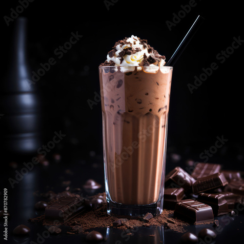 coffee with chocolate flappuchino slutchy  whipcream and cinnamon menu black background photo