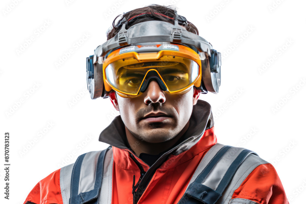 Photograph of an engineer wearing protective goggles. Troubleshooting machine tools Shows patience and effort on a white background Photograph of an engineer wearing protective goggles. Troubleshooting machine tools Shows patience and effort on a white background