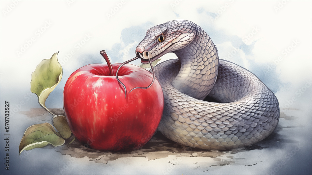 In the Bible, snake symbolizes devil temptation, leading Eve to eat forbidden apple, fruit of