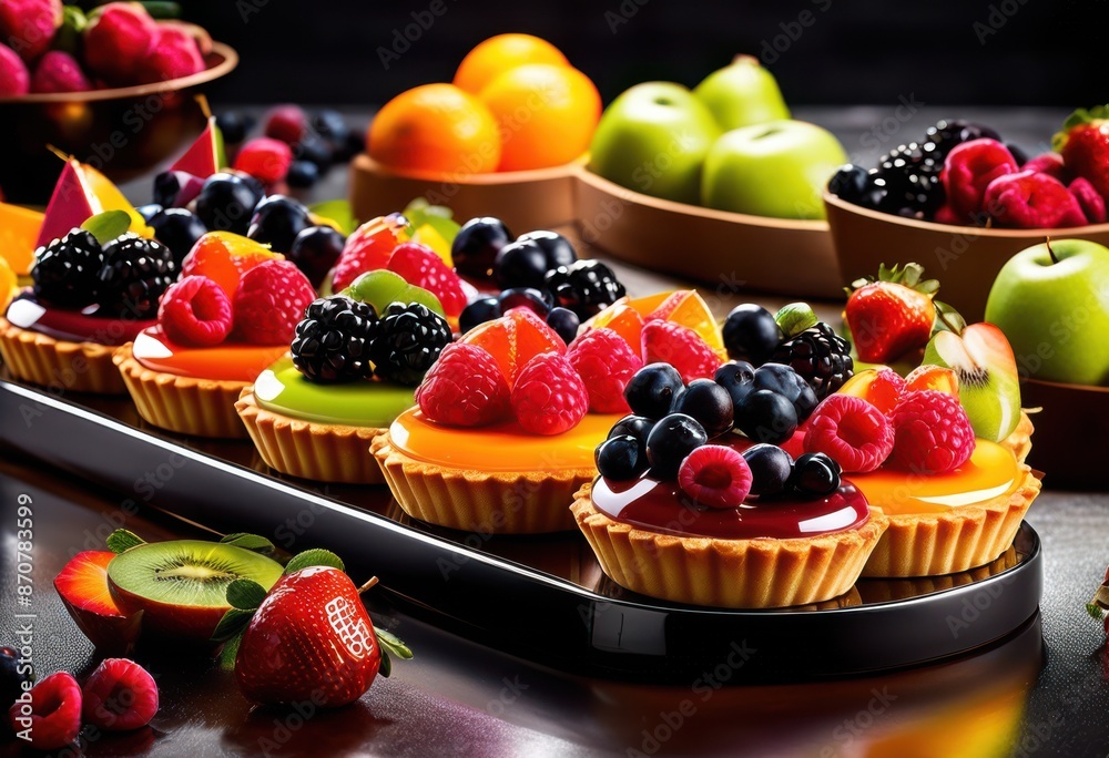colorful fruit tarts glossy glaze perfect every season, vibrant, berries, pastries, shiny, flawless, summer, fresh, ripe, delicious, juicy, appetizing colorful fruit tarts glossy glaze perfect every season, vibrant, berries, pastries, shiny, flawless, summer, fresh, ripe, delicious, juicy, appetizing