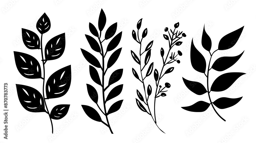 Fototapeta premium Elegant Botanical Silhouette Leaves and Branches in Minimalist Black and White Style