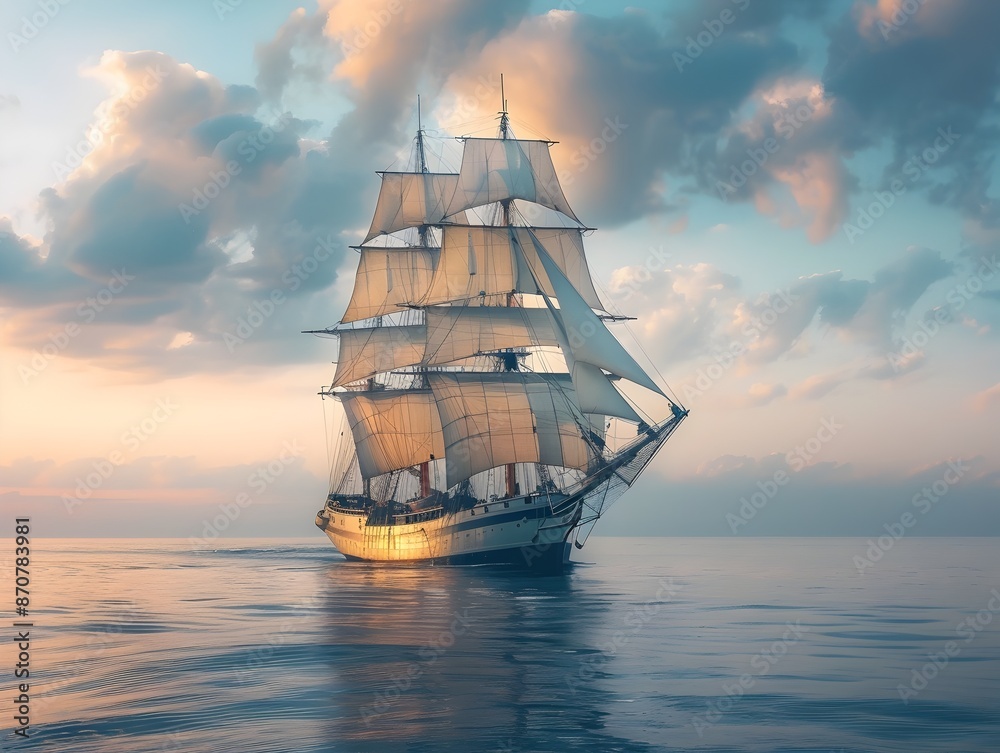 Majestic Tall Ship Setting Sail on Tranquil Sunset Ocean Voyage