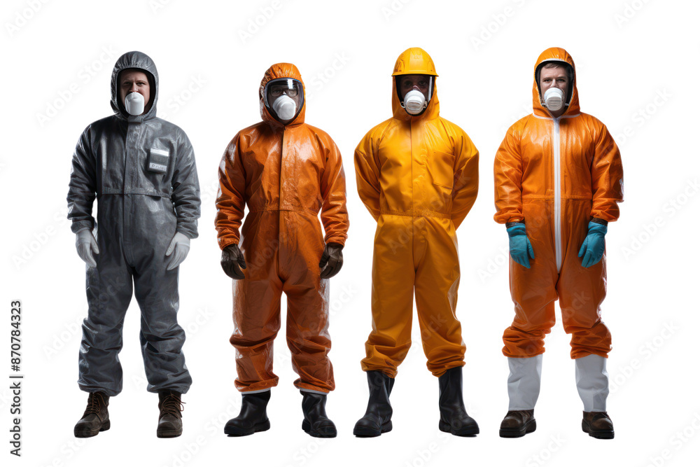 Photo of factory workers wearing safety protection suits on a white background Demonstrate safety and professionalism Photo of factory workers wearing safety protection suits on a white background Demonstrate safety and professionalism
