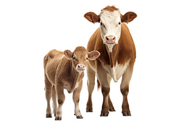 Mother cow and calf standing warmly side by side Emphasizes the close relationship between mother cow and calf. Conveys love and family, isolated on white background.