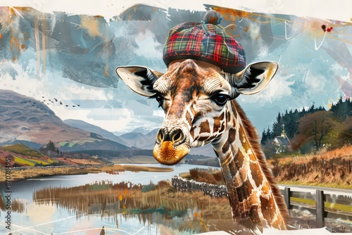 A playful giraffe wearing a kilt and a tartan hat, exploring the scenic landscapes of Scotland.  photo