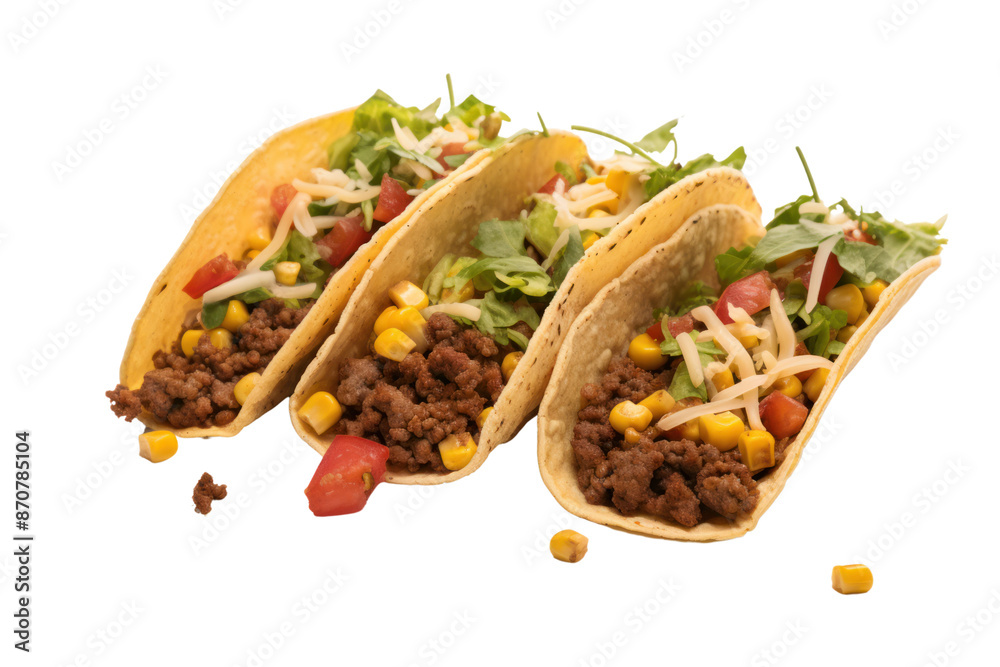 Mexican style minced beef tacos Isolated pieces on a white background Mexican style minced beef tacos Isolated pieces on a white background