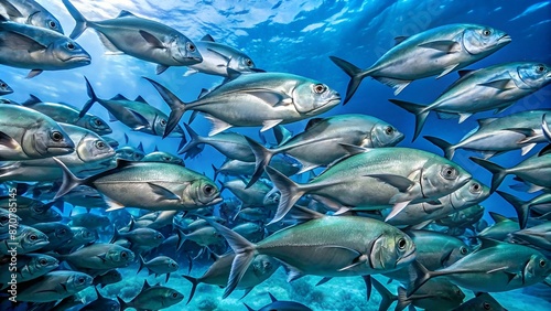 school of Giant trevally - Caranx ignobilis hunt for small fish in the blue water, Indian Ocean, Maldives
 photo