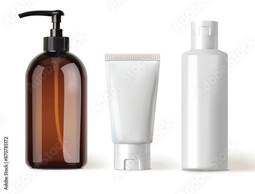 Realistic bottle cosmetics set, packaging mockup, vector	