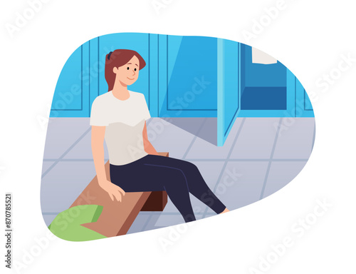 Young woman sitting on bench in sports locker changing room flat vector, athlete change clothes for training in gym