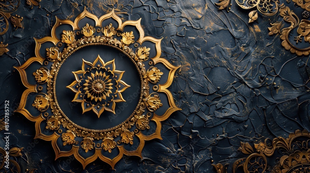 A gold mandala pattern with intricate designs is set against a sleek black background, exuding a sense of elegance and sophistication. A gold mandala pattern with intricate designs is set against a sleek black background, exuding a sense of elegance and sophistication.
