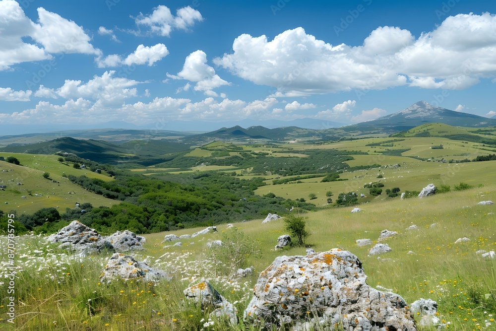 Obraz premium Scenic landscape of rolling green hills under a blue sky with clouds