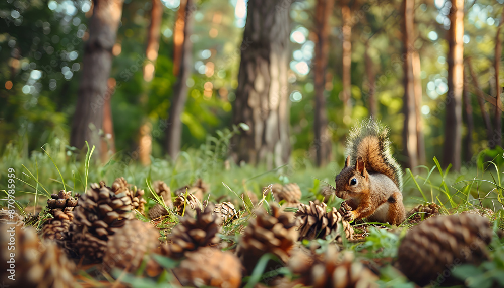 Pine cones in the forest.A squirrel gnaws a nut, found a nut, cones, a handful, many cones lie on the ground, on the grass Pine cones in the forest.A squirrel gnaws a nut, found a nut, cones, a handful, many cones lie on the ground, on the grass