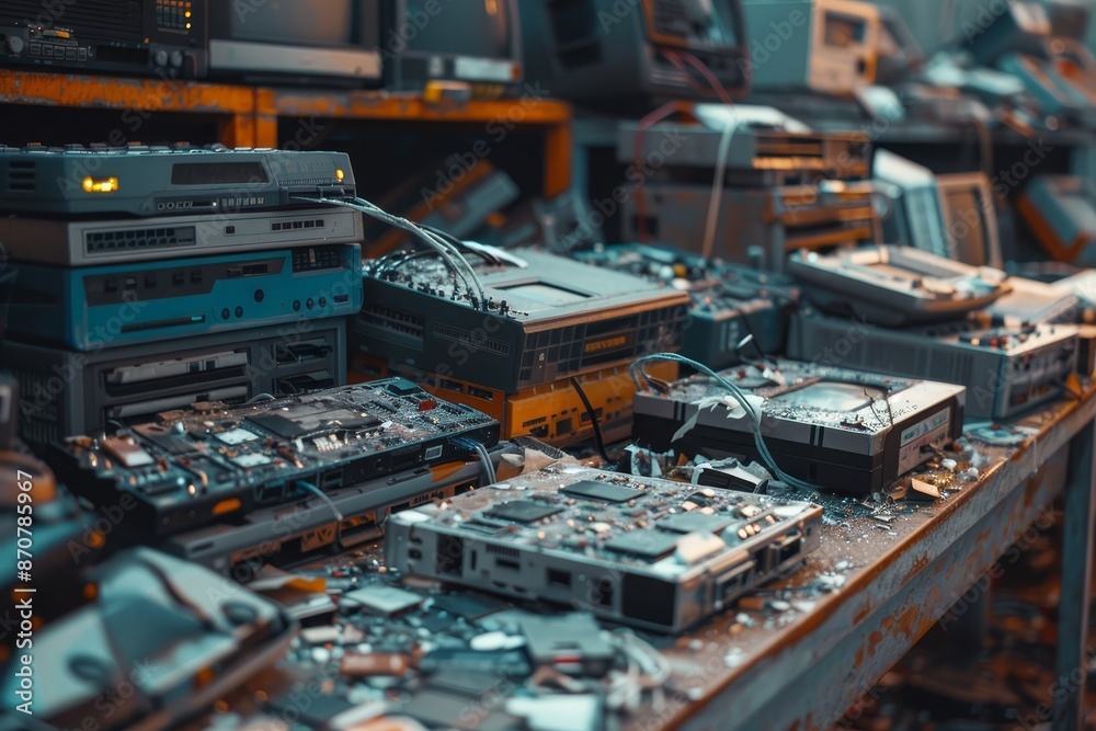 Electronic waste in a tech junkyard, showcasing disposal, selective focus, end of life electronics, dynamic, Multilayer, junkyard backdrop Electronic waste in a tech junkyard, showcasing disposal, selective focus, end of life electronics, dynamic, Multilayer, junkyard backdrop
