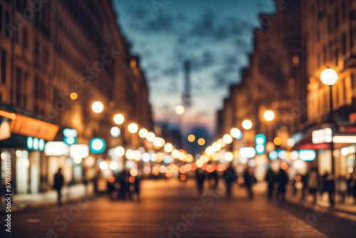 Defocused lights and shadow of evening cityscape, vintage color tone, bokeh. Abstract background of urban street at night, wallpaper, poster. Conceptual design backgrounds concept. Copy ad text space