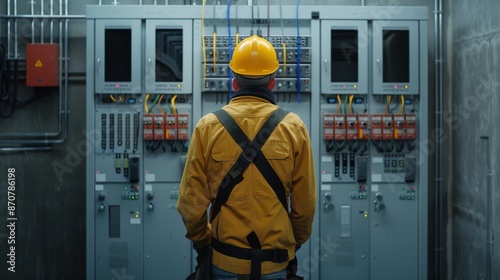 Back view of a professional electrician standing at the electrical panels-topaz.jpeg, Back view of a professional electricia photo