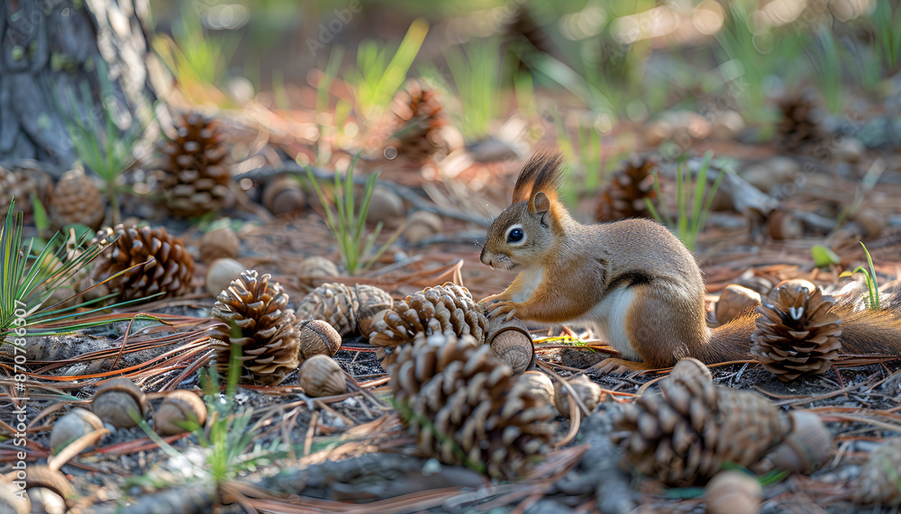 Pine cones in the forest.A squirrel gnaws a nut, found a nut, cones, a handful, many cones lie on the ground, on the grass Pine cones in the forest.A squirrel gnaws a nut, found a nut, cones, a handful, many cones lie on the ground, on the grass