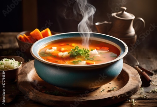 hot steaming soup rustic ceramic bowl wooden table, food, cuisine, homemade, delicious, traditional, kitchenware, comfort, meal, dining, appetizing