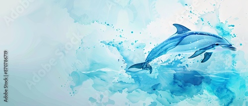 Watercolor baby dolphin with a splash and ample copyspace on a soft background
