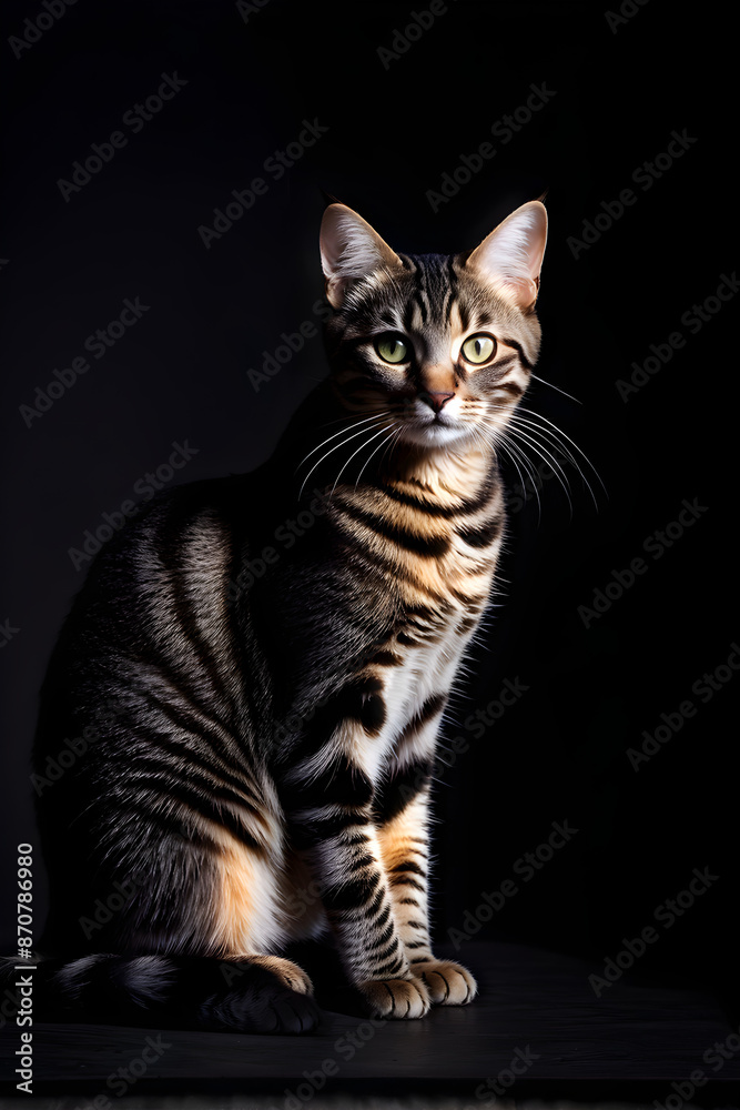 Studio portrait of a sitting tabby cat looking forward against a dark background Studio portrait of a sitting tabby cat looking forward against a dark background